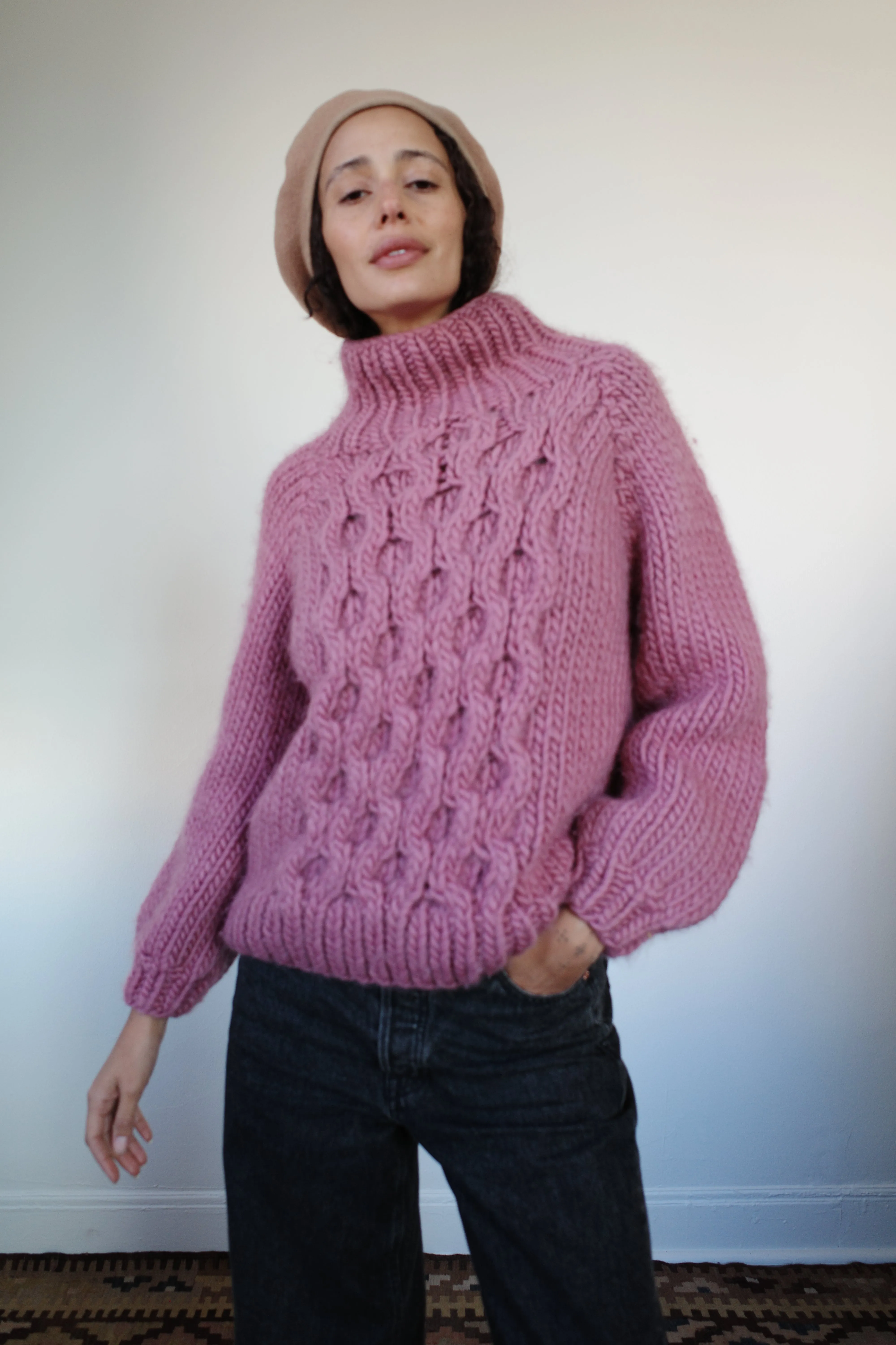 Pink Mohair Mock Neck Knit Sweater