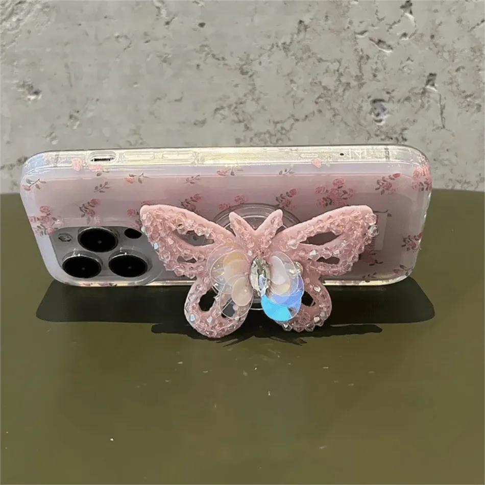 Pink Rose Rhinestone Inlaid Crystal Sequin Butterfly Stand iPhone Case