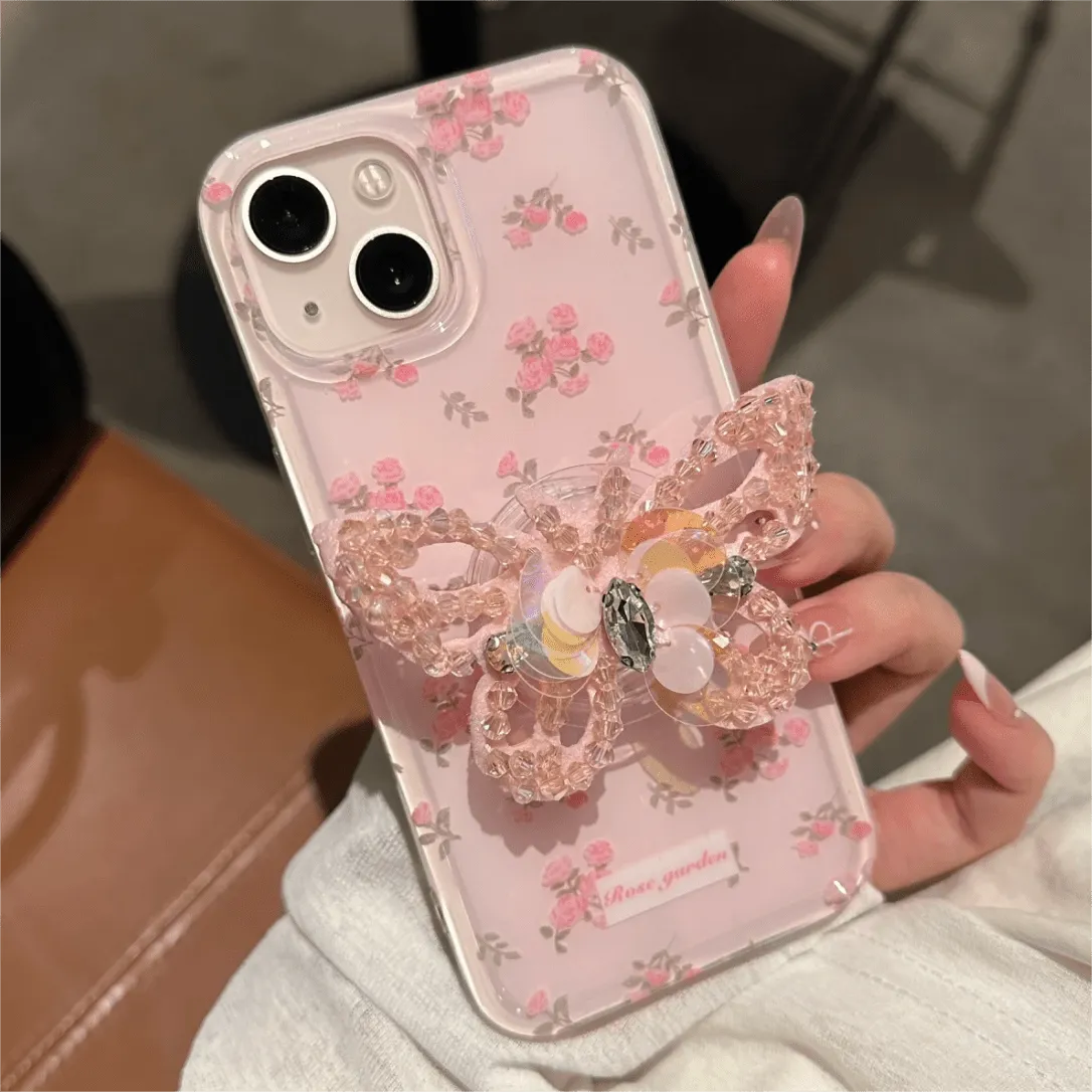 Pink Rose Rhinestone Inlaid Crystal Sequin Butterfly Stand iPhone Case