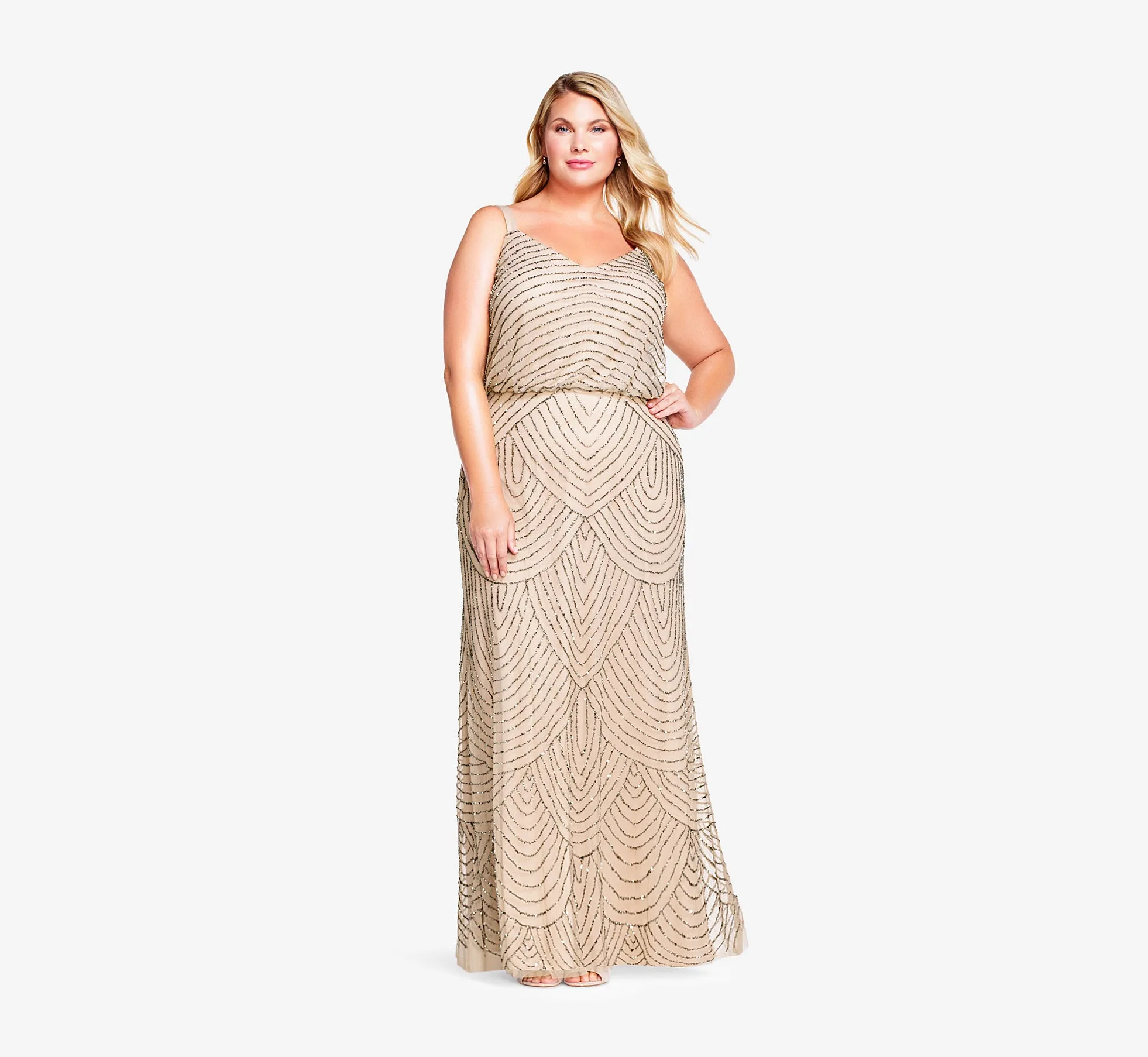 Plus Size Art Deco Beaded Blouson Gown In Taupe Pink