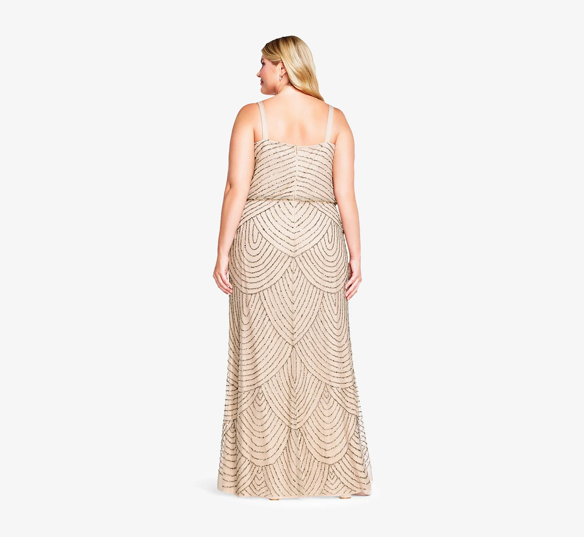 Plus Size Art Deco Beaded Blouson Gown In Taupe Pink