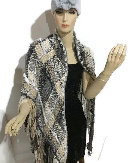 Prize winner handwoven shawl, The Winter Cornfield Shawl, alpaca yarn, multi fibers, white, cream, grey, black yarn