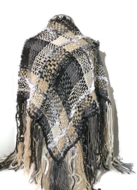 Prize winner handwoven shawl, The Winter Cornfield Shawl, alpaca yarn, multi fibers, white, cream, grey, black yarn