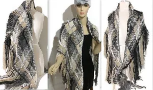 Prize winner handwoven shawl, The Winter Cornfield Shawl, alpaca yarn, multi fibers, white, cream, grey, black yarn