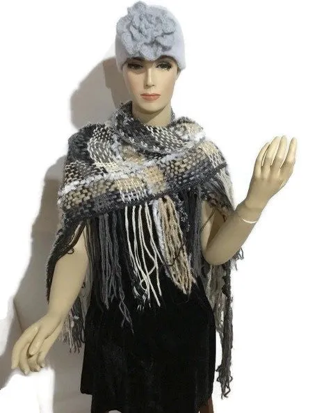 Prize winner handwoven shawl, The Winter Cornfield Shawl, alpaca yarn, multi fibers, white, cream, grey, black yarn