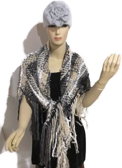 Prize winner handwoven shawl, The Winter Cornfield Shawl, alpaca yarn, multi fibers, white, cream, grey, black yarn