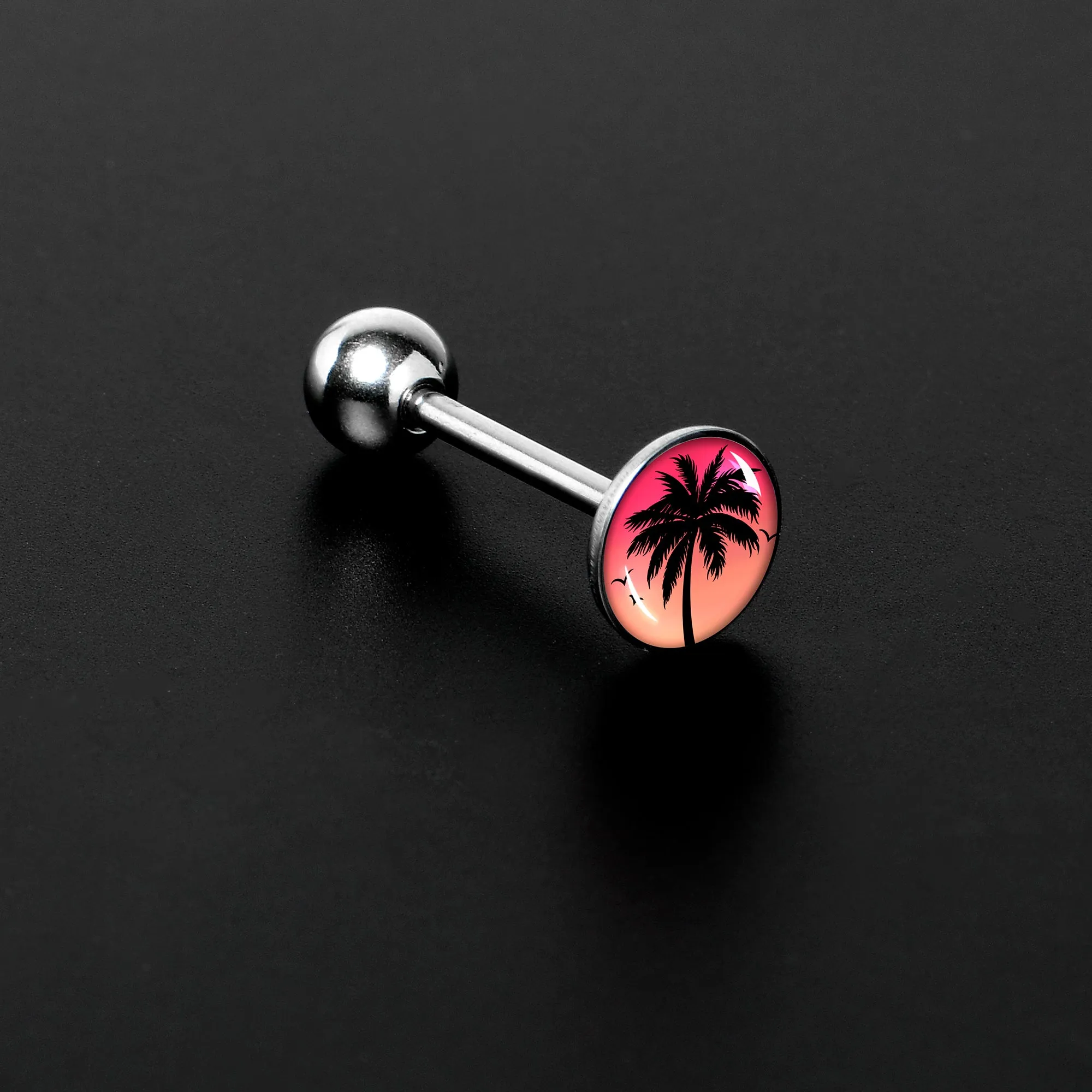 Red Sunset Palm Tree Barbell Tongue Ring