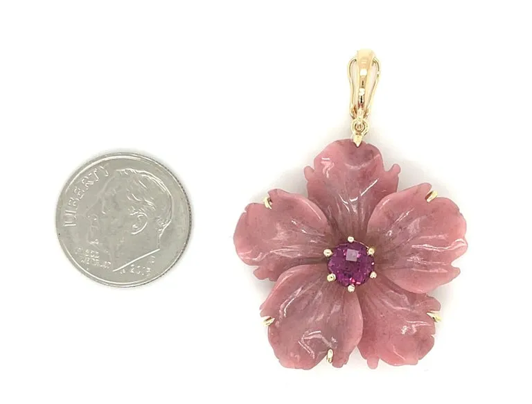 Rhodochrosite Beaded Necklace with Hand Carved Rhodonite Floral Pendant