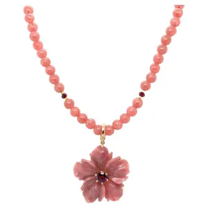 Rhodochrosite Beaded Necklace with Hand Carved Rhodonite Floral Pendant