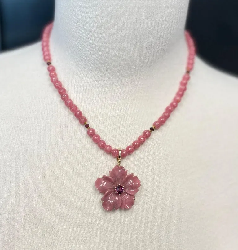 Rhodochrosite Beaded Necklace with Hand Carved Rhodonite Floral Pendant