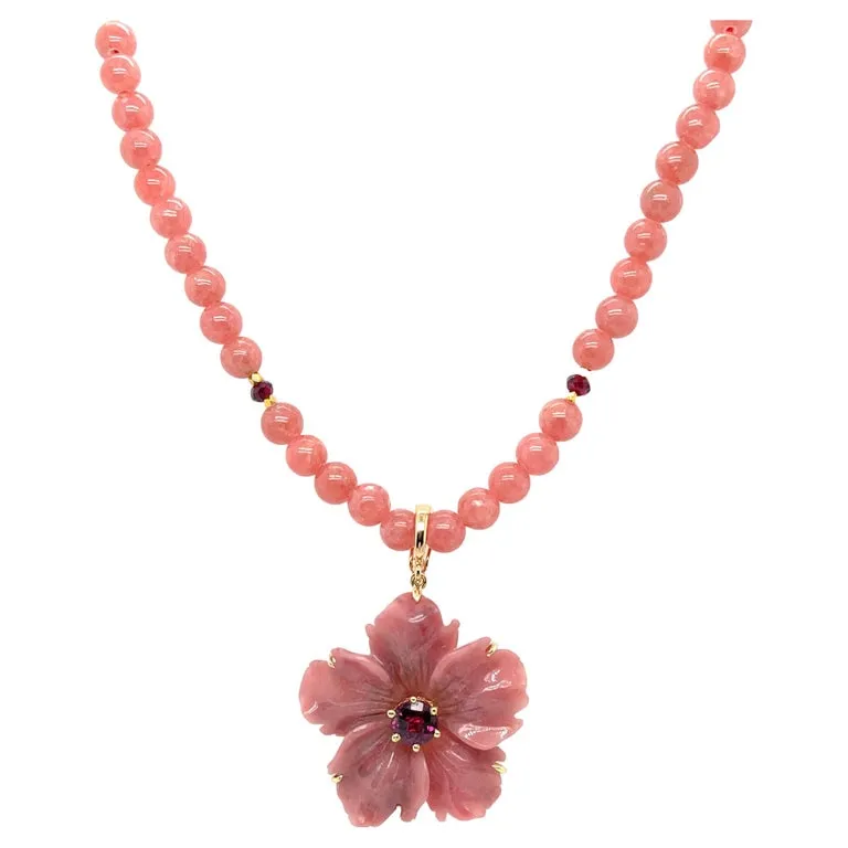 Rhodochrosite Beaded Necklace with Hand Carved Rhodonite Floral Pendant
