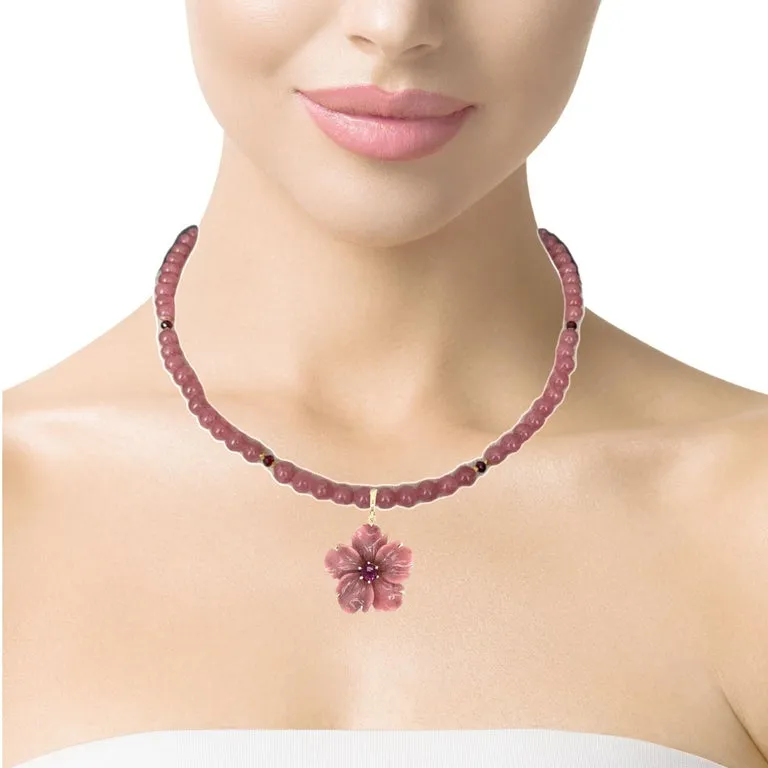 Rhodochrosite Beaded Necklace with Hand Carved Rhodonite Floral Pendant