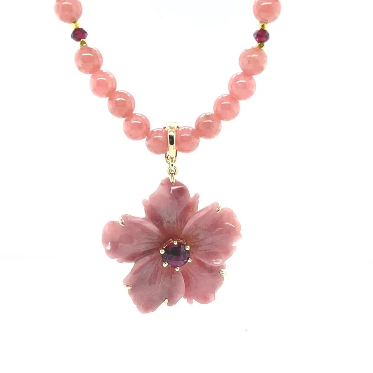 Rhodochrosite Beaded Necklace with Hand Carved Rhodonite Floral Pendant
