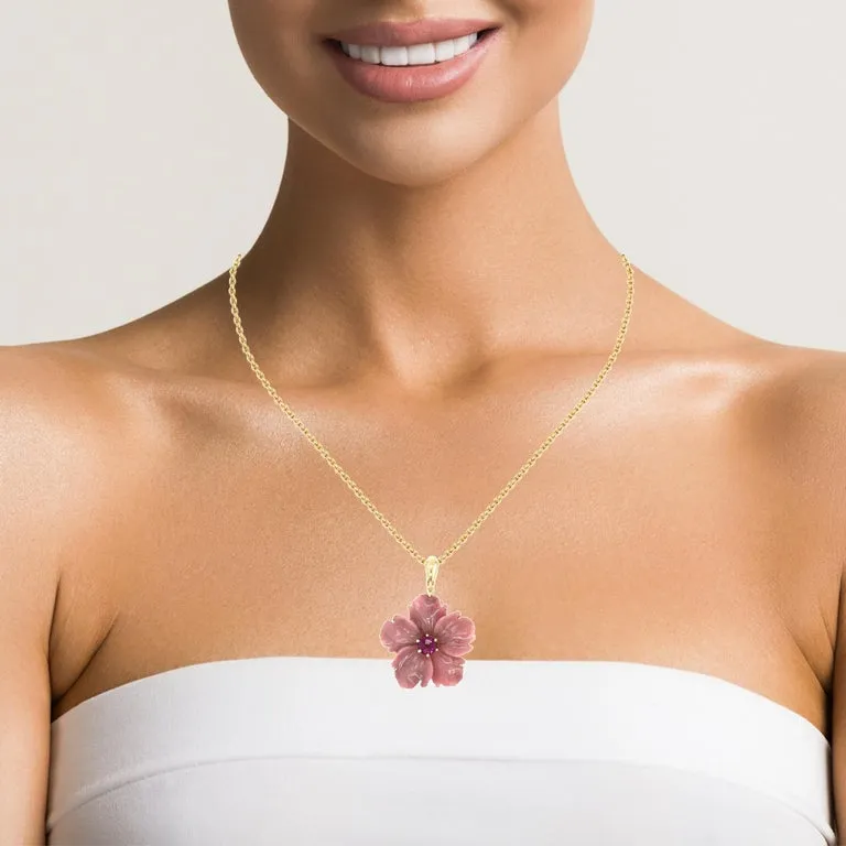 Rhodochrosite Beaded Necklace with Hand Carved Rhodonite Floral Pendant