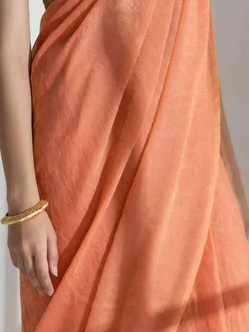 Saffron Peach Paisley Gold Design Chiffon Saree with Long Beaded Latkan