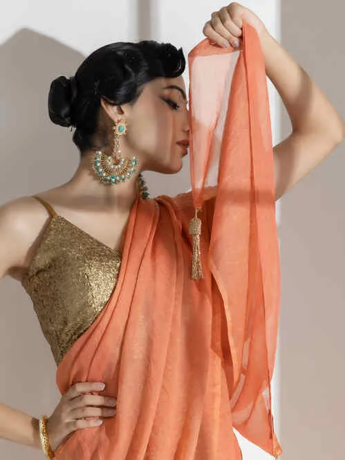 Saffron Peach Paisley Gold Design Chiffon Saree with Long Beaded Latkan