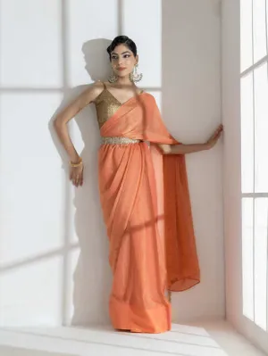 Saffron Peach Paisley Gold Design Chiffon Saree with Long Beaded Latkan