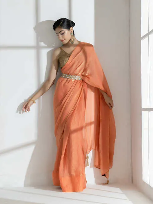 Saffron Peach Paisley Gold Design Chiffon Saree with Long Beaded Latkan