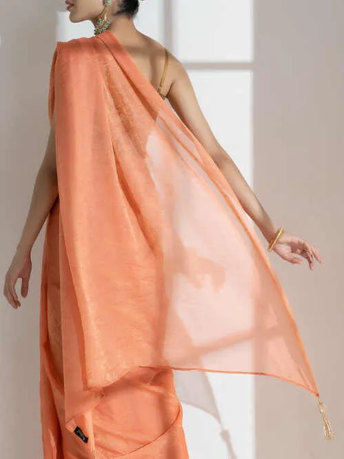 Saffron Peach Paisley Gold Design Chiffon Saree with Long Beaded Latkan