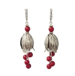 Silver Tulip Earrings with Red Bead  and Cubic Zirconia Hooks.