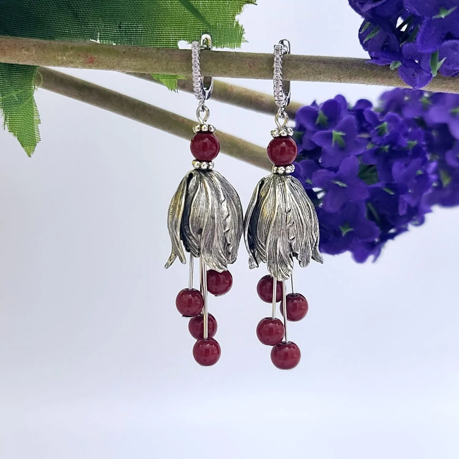 Silver Tulip Earrings with Red Bead  and Cubic Zirconia Hooks.
