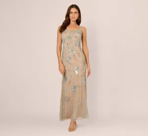 Sleeveless Square Neck Beaded Mermaid Gown In Frosted Sage Nude