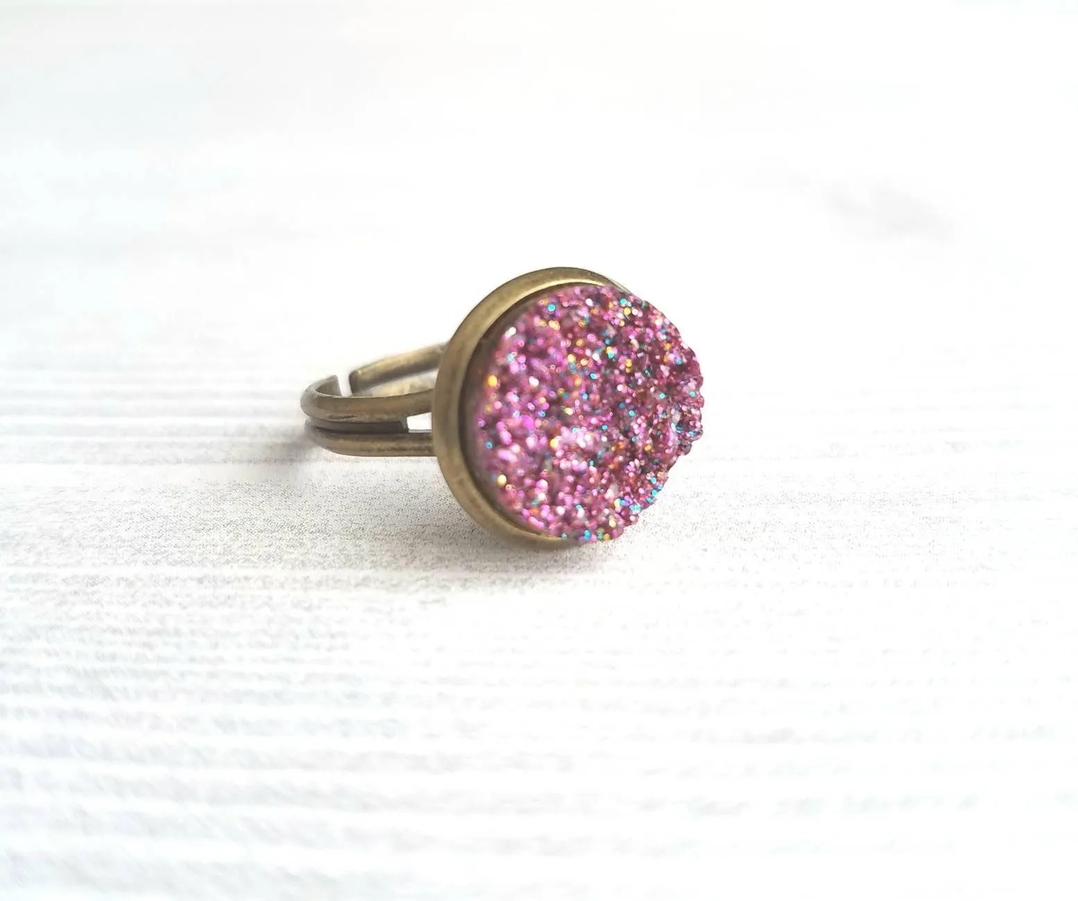 Sparkle Ring - purple FAUX drusy rock solitaire rough cut - rough bumpy chunky glitter pink magenta rainbow - imitation druzy round 6 7 8 9