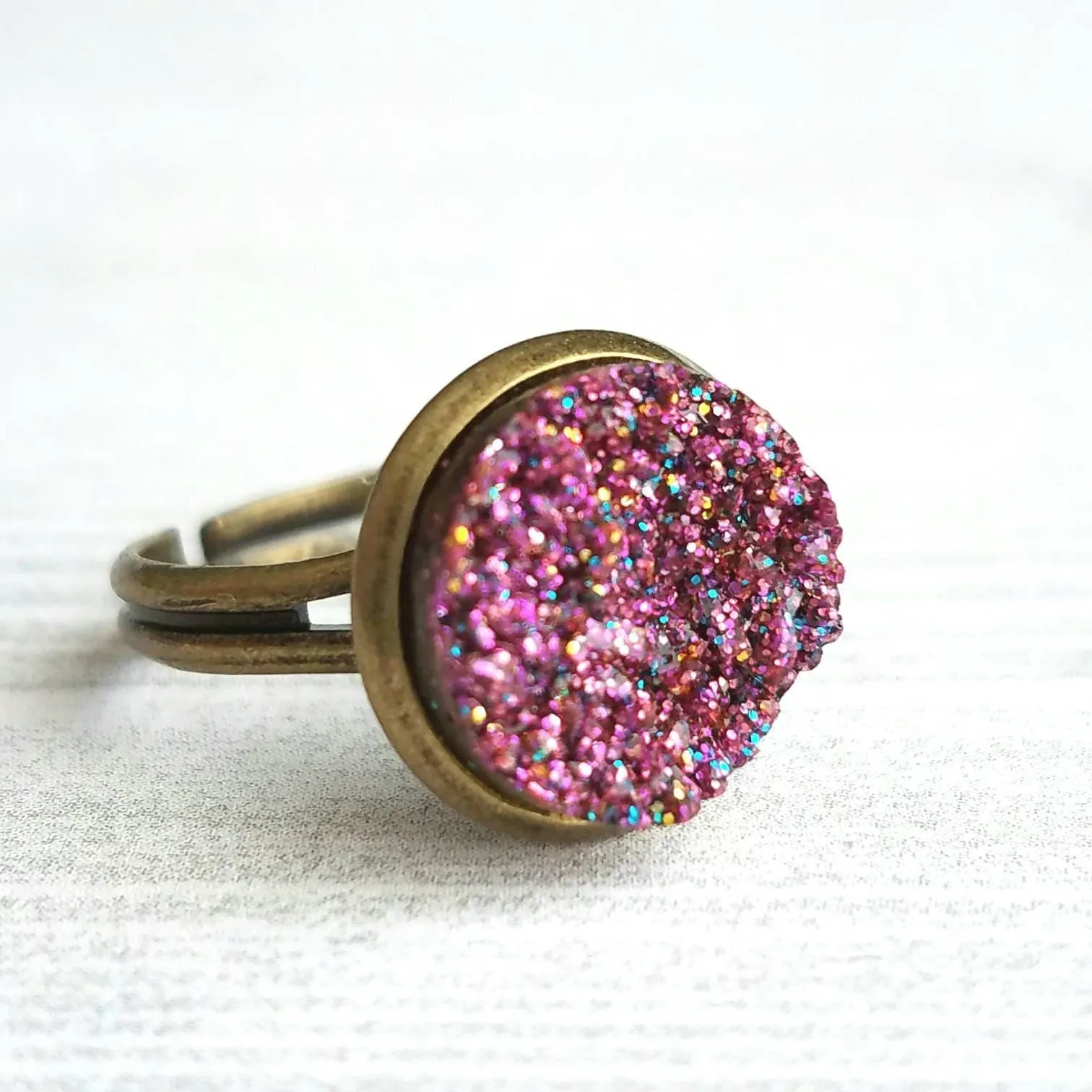 Sparkle Ring - purple FAUX drusy rock solitaire rough cut - rough bumpy chunky glitter pink magenta rainbow - imitation druzy round 6 7 8 9