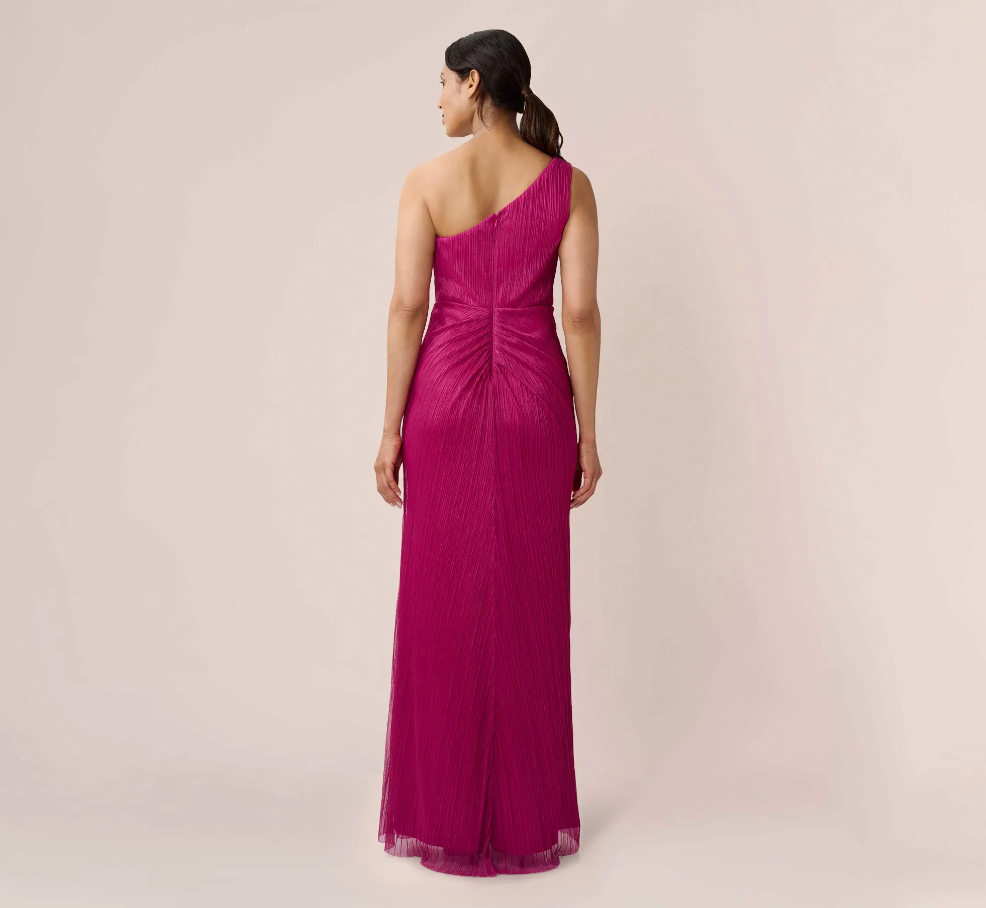Stardust Pleated Draped One Shoulder Gown In Magenta