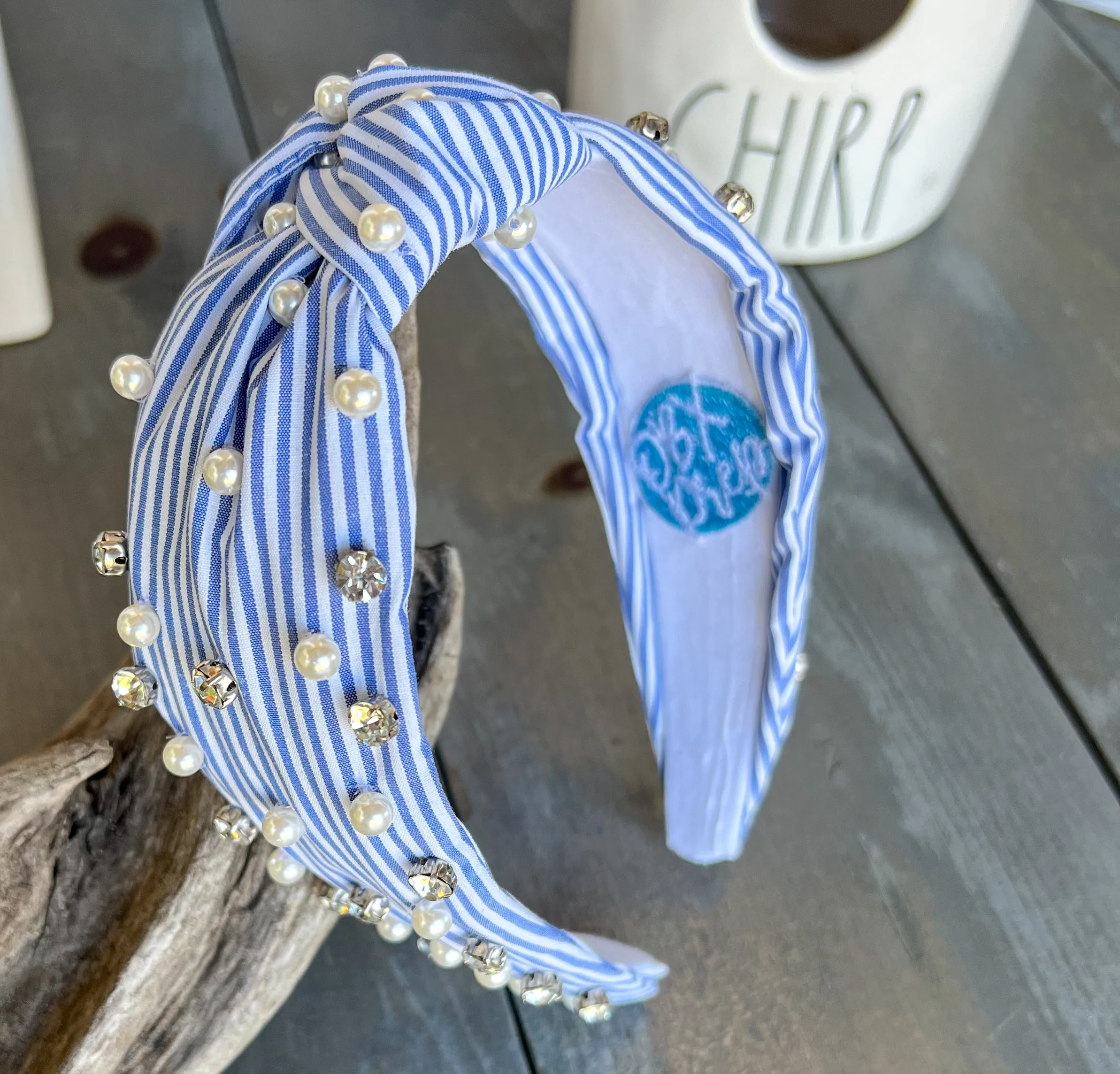 Sydney Striped Blue and White Preppy Top Knot Headband – Adorned with Faux Pearls and Rhinestones