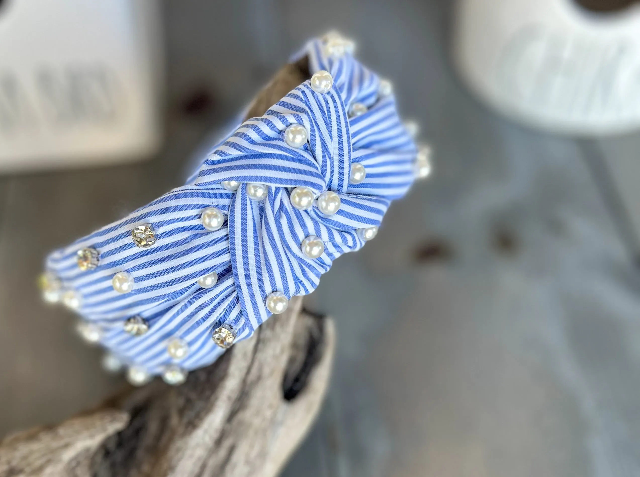 Sydney Striped Blue and White Preppy Top Knot Headband – Adorned with Faux Pearls and Rhinestones