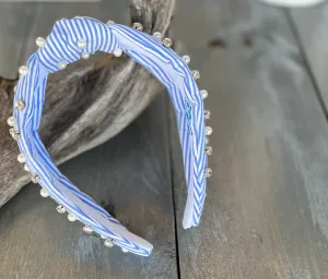 Sydney Striped Blue and White Preppy Top Knot Headband – Adorned with Faux Pearls and Rhinestones