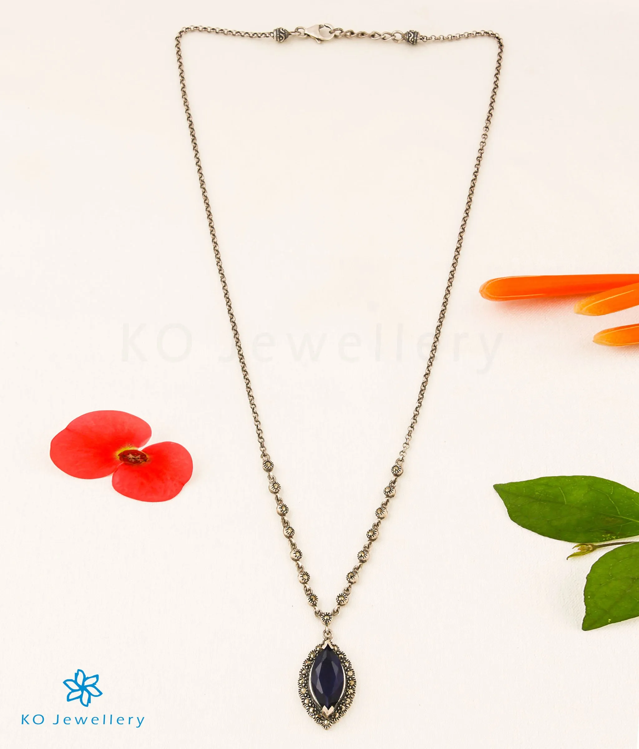 The Nayanika Silver Marcasite Necklace (Dark Blue)