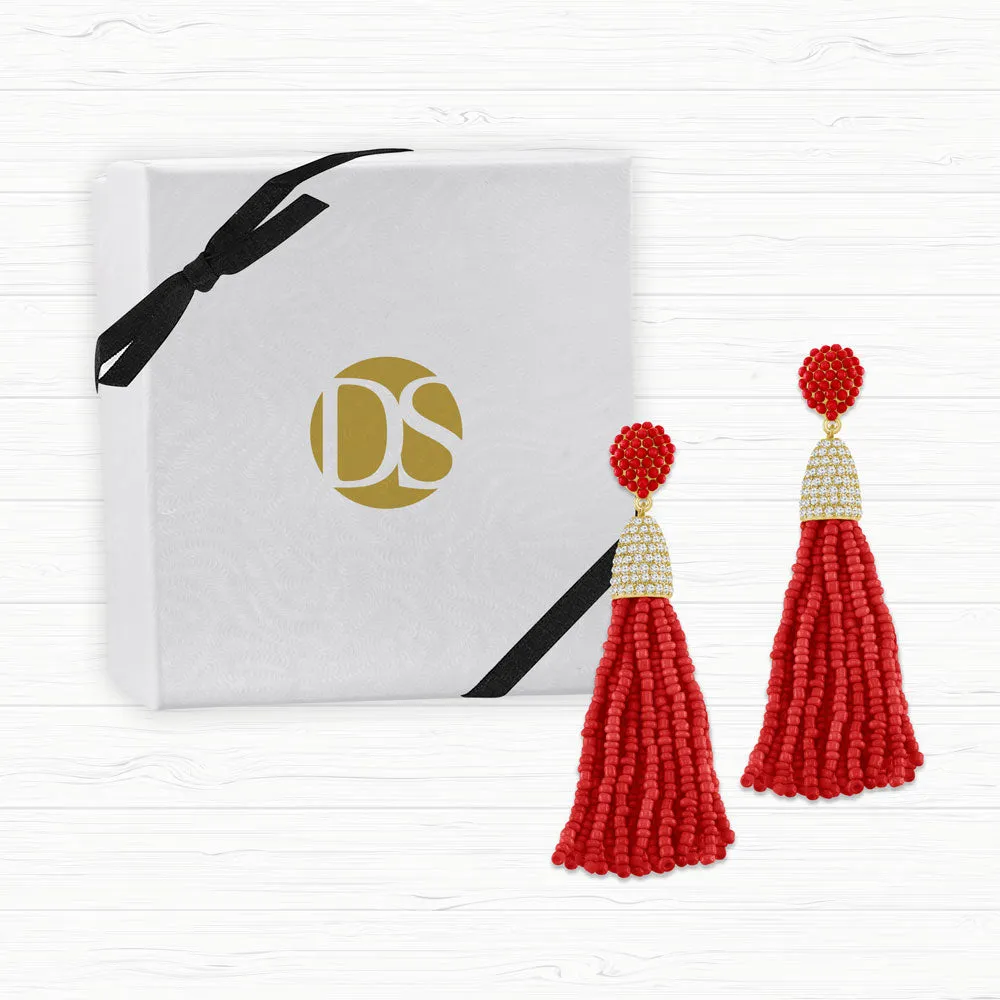 “Time to Tassel” Pave Crystals & Seed Beads Drop Earrings