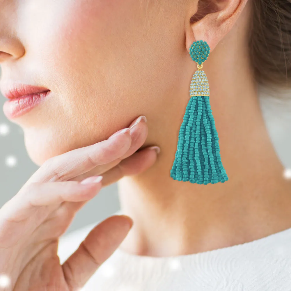 “Time to Tassel” Pave Crystals & Seed Beads Drop Earrings