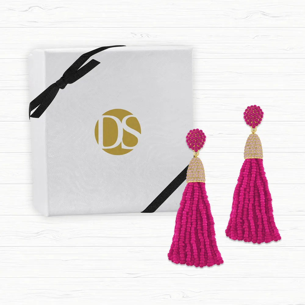 “Time to Tassel” Pave Crystals & Seed Beads Drop Earrings