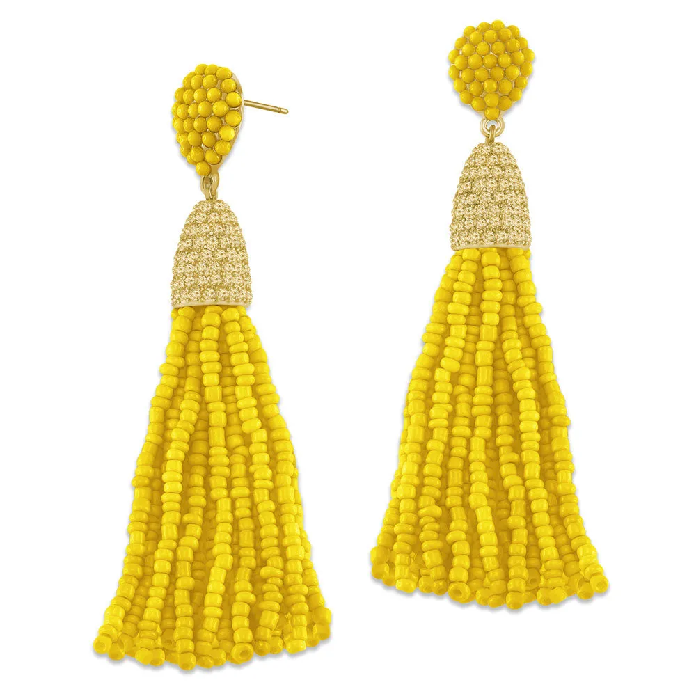 “Time to Tassel” Pave Crystals & Seed Beads Drop Earrings