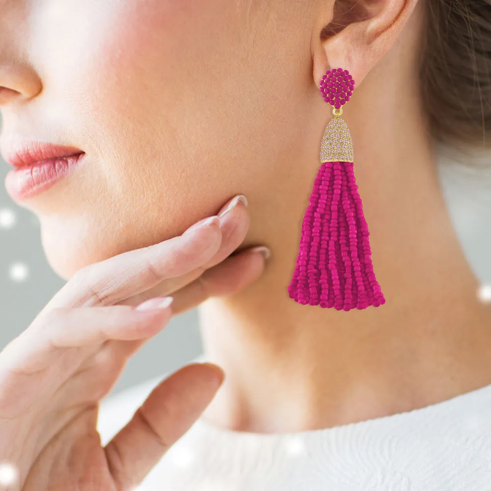 “Time to Tassel” Pave Crystals & Seed Beads Drop Earrings