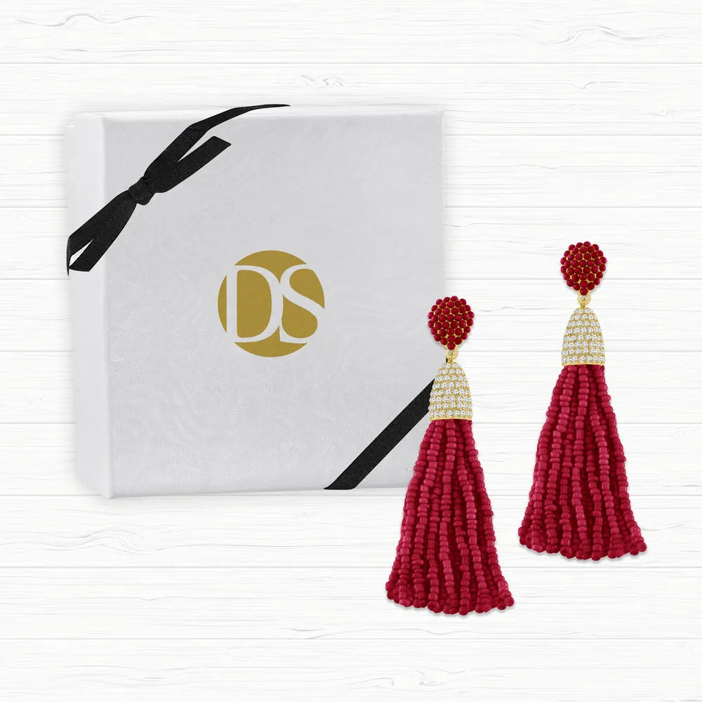 “Time to Tassel” Pave Crystals & Seed Beads Drop Earrings