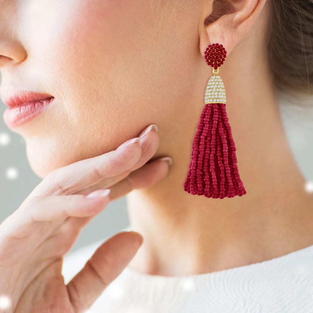 “Time to Tassel” Pave Crystals & Seed Beads Drop Earrings