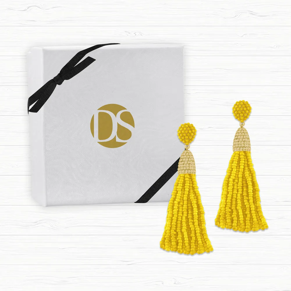 “Time to Tassel” Pave Crystals & Seed Beads Drop Earrings