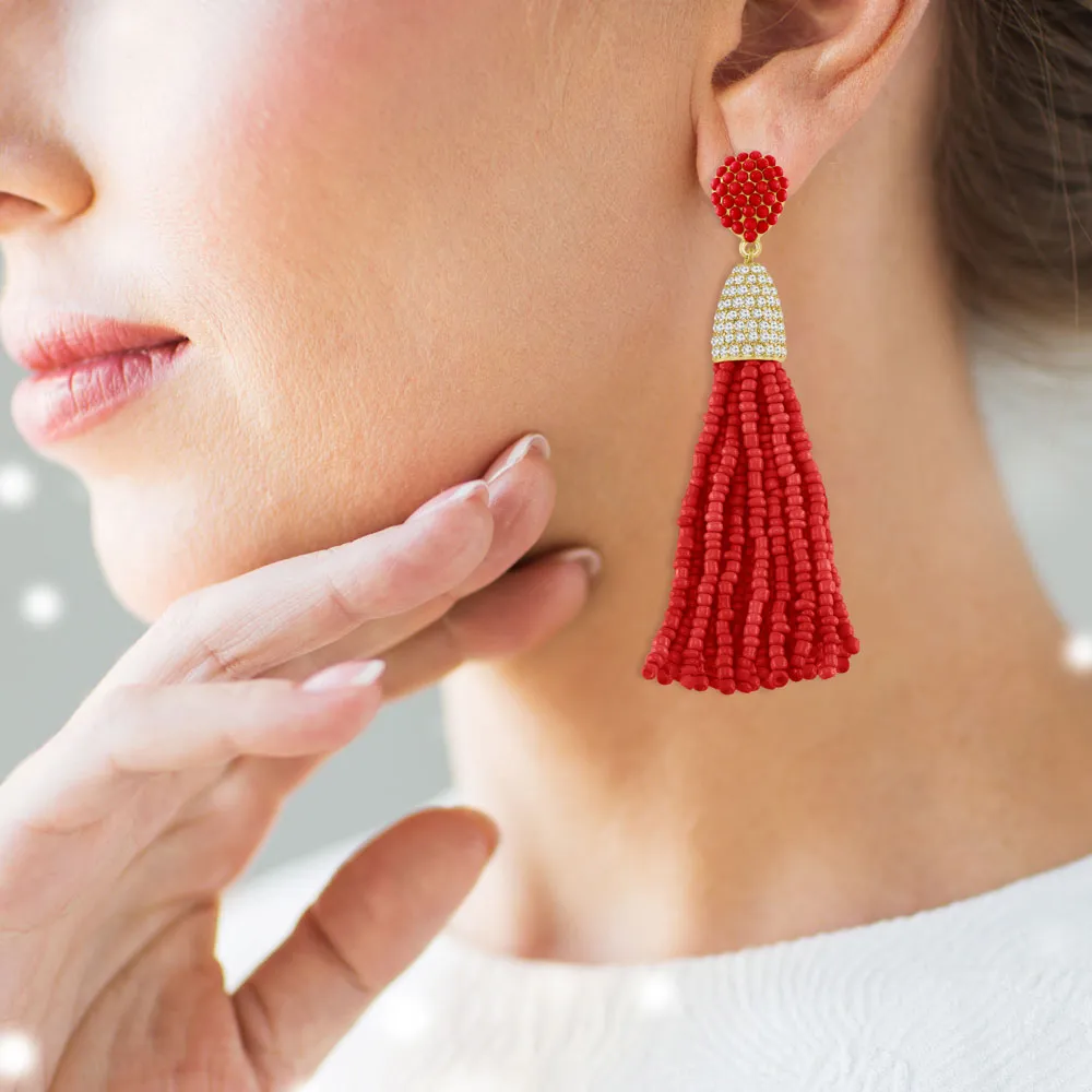 “Time to Tassel” Pave Crystals & Seed Beads Drop Earrings