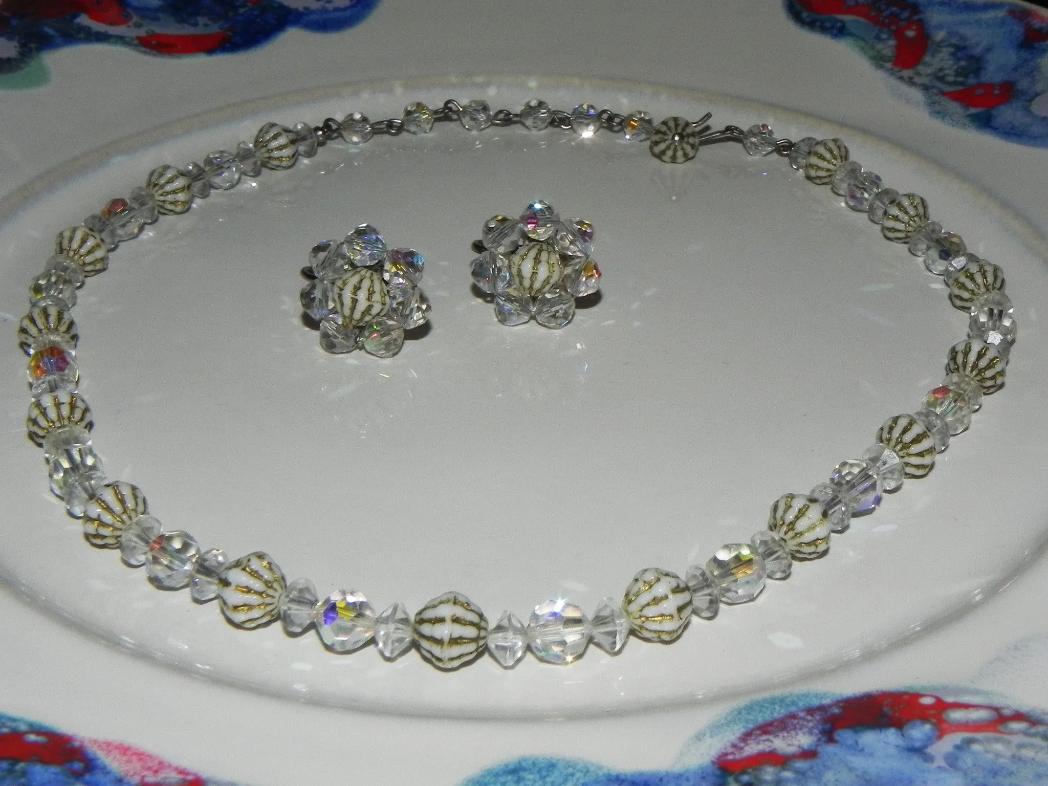 Vintage Set, Crystal Textured Bicone Beaded Necklace & Cluster Earring