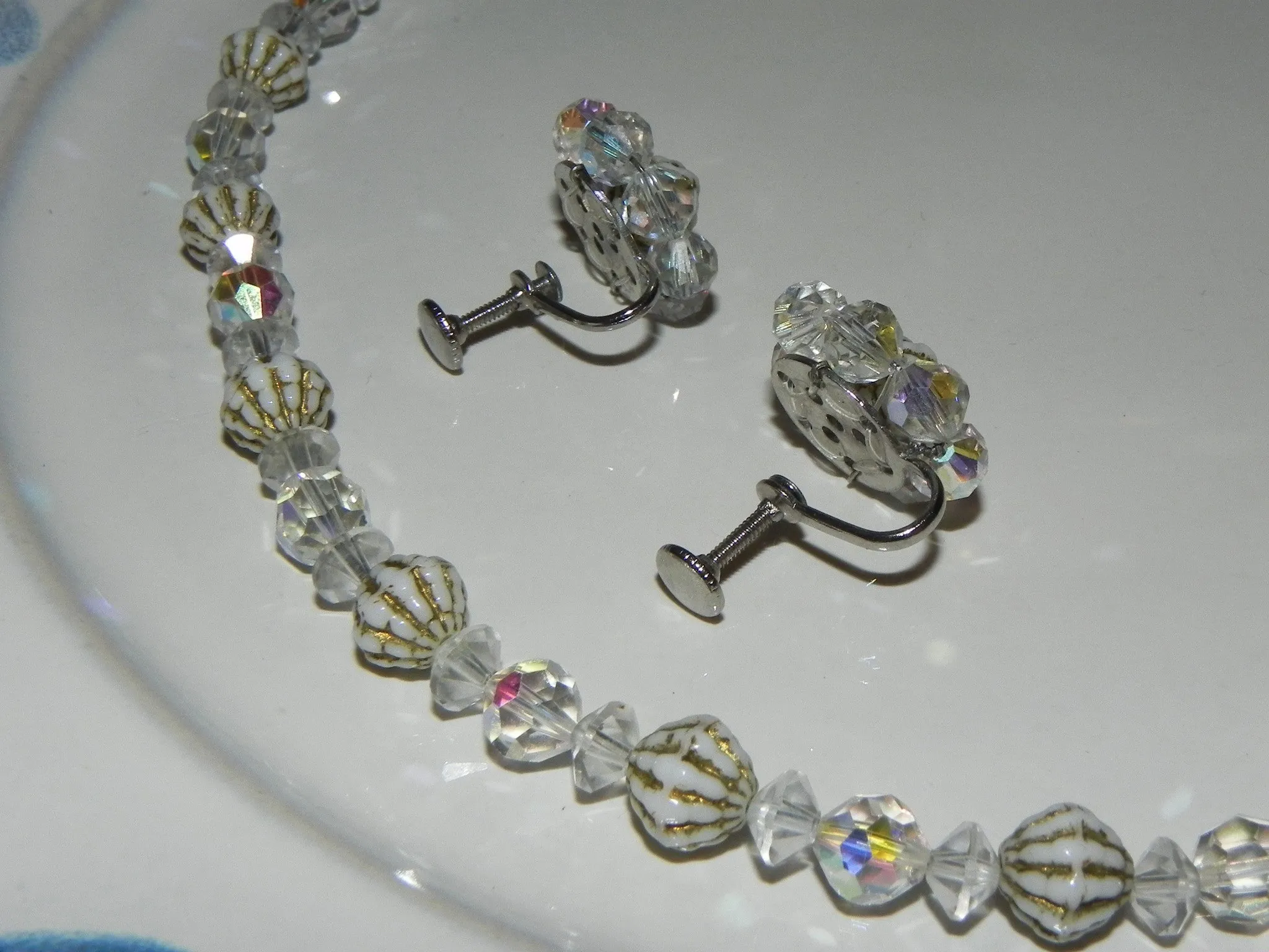 Vintage Set, Crystal Textured Bicone Beaded Necklace & Cluster Earring