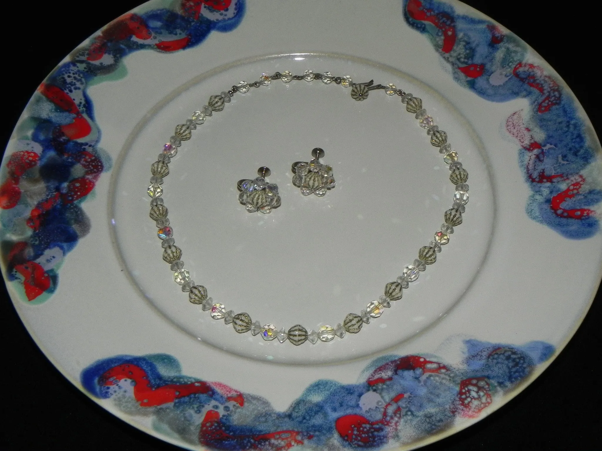 Vintage Set, Crystal Textured Bicone Beaded Necklace & Cluster Earring