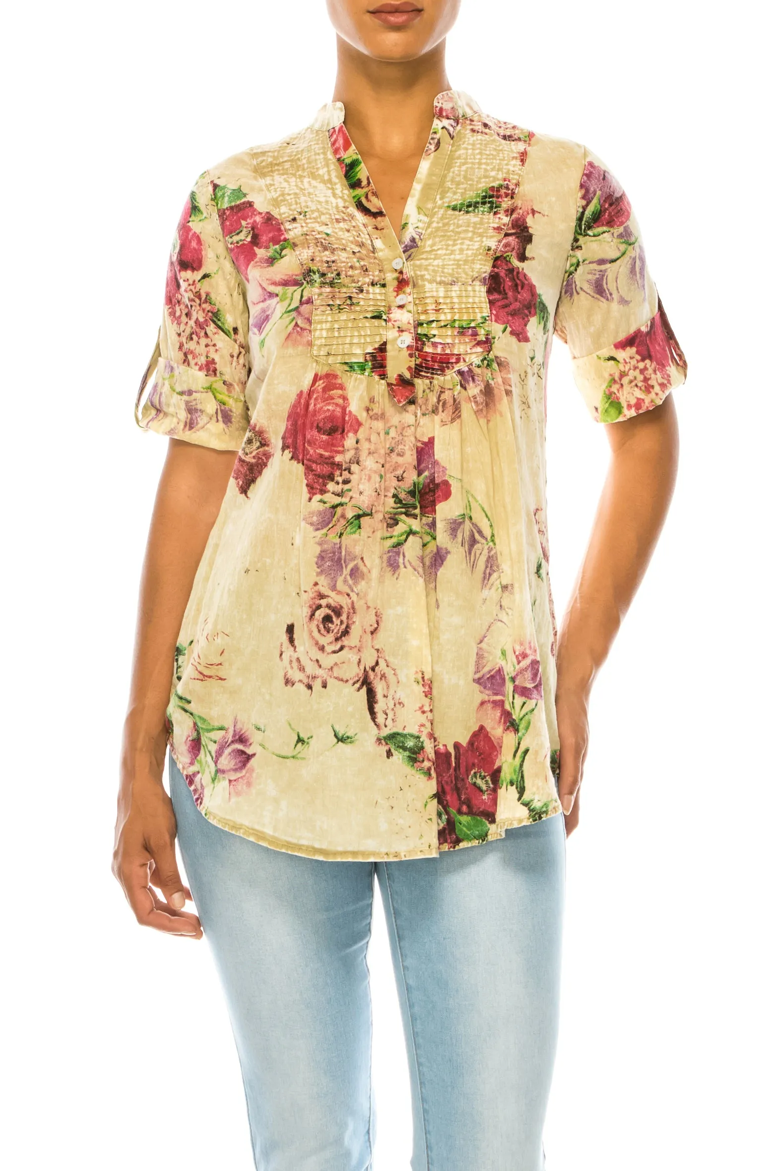 Vintage Taupe Floral Tunic with Pin Tucks & Roll Up Sleeves