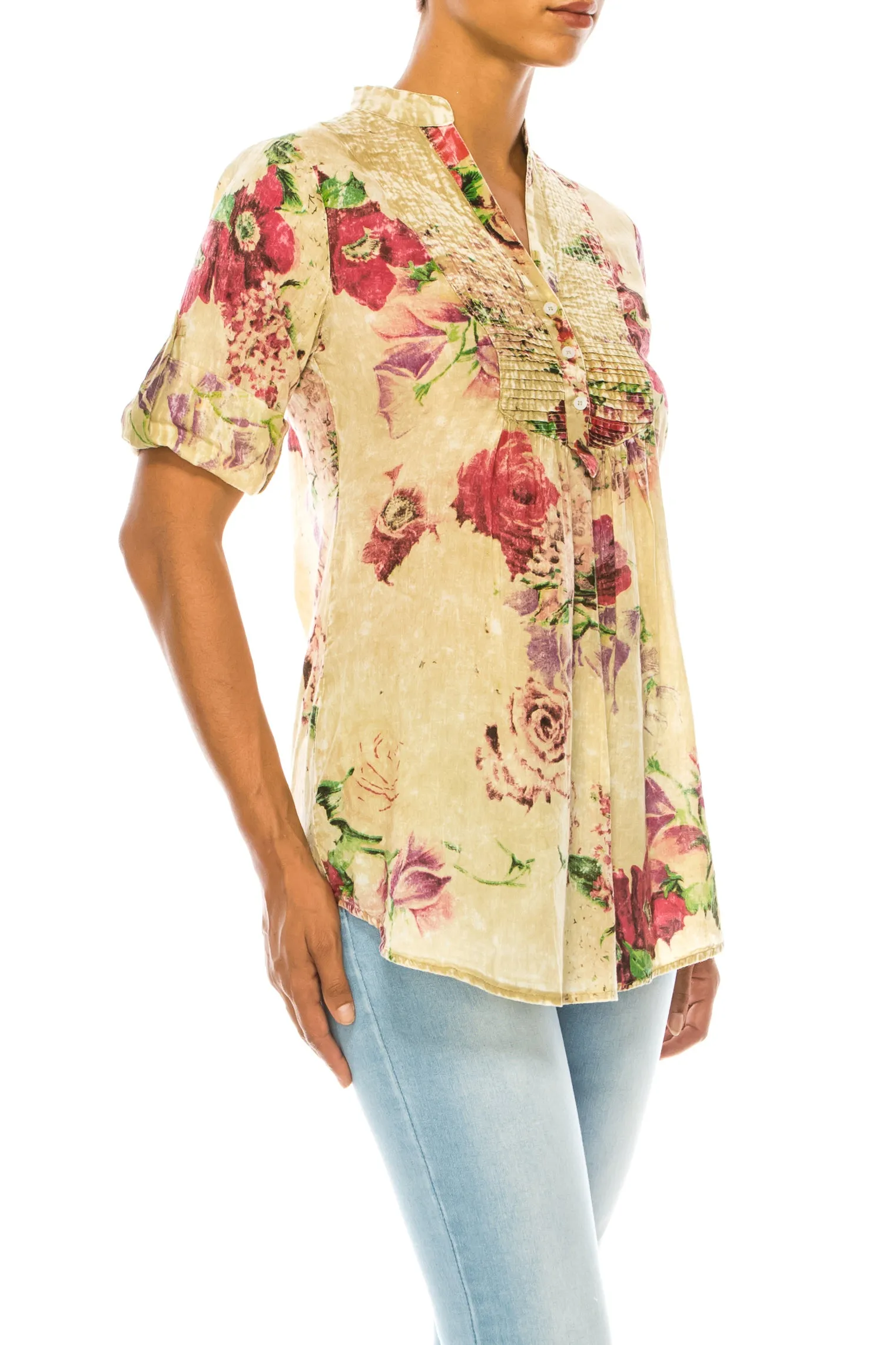 Vintage Taupe Floral Tunic with Pin Tucks & Roll Up Sleeves