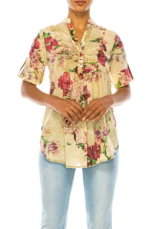 Vintage Taupe Floral Tunic with Pin Tucks & Roll Up Sleeves