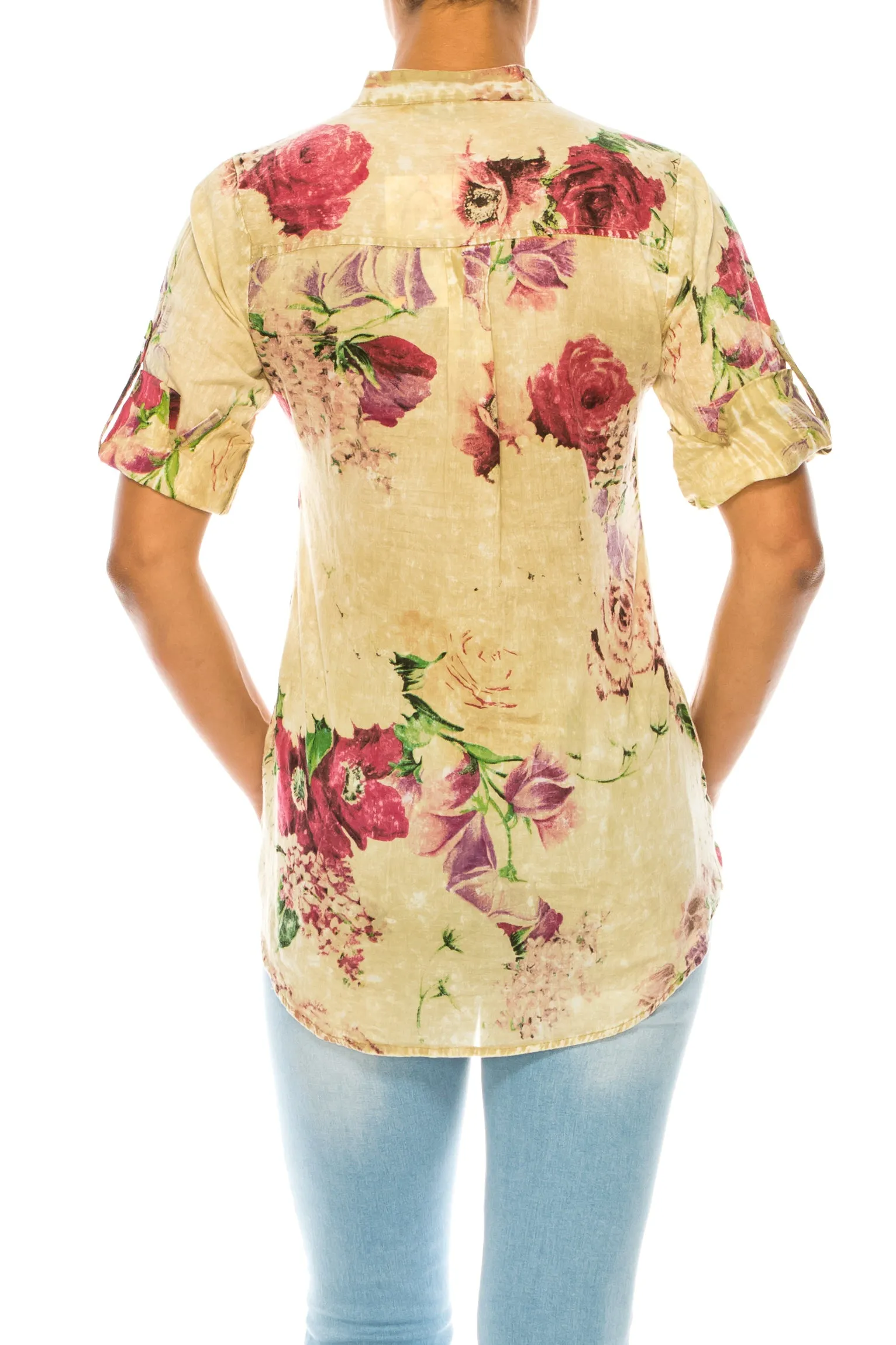 Vintage Taupe Floral Tunic with Pin Tucks & Roll Up Sleeves