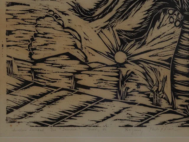 vintage tropical landscape block print artwork